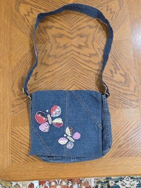 Lucky Brand Denim Crossbody Bag with Multicolor Butterfly Appliqué